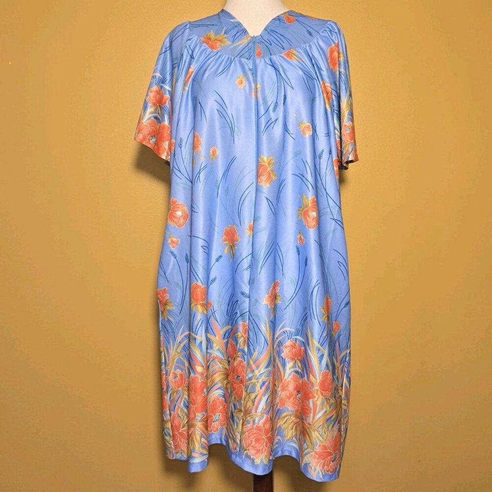 Vintage 70s Hand Made Polyester MuuMuu House Dress Blue Floral Knee‎ Length XL